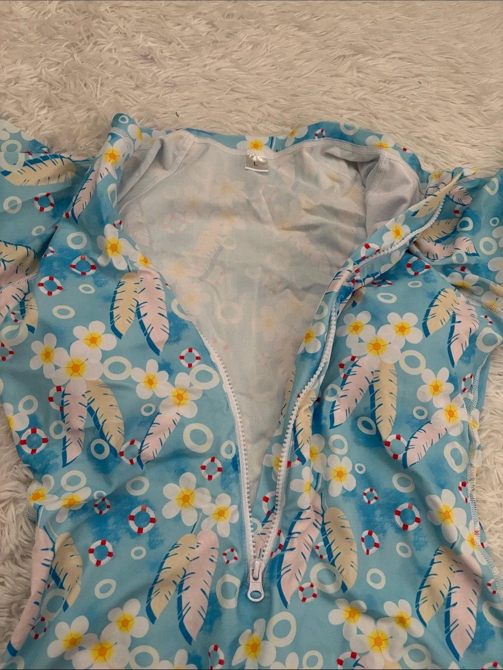 NEW Rash Guard Long Sleeve Zip Front Floral Tropical Print One Piece Swimsuit L